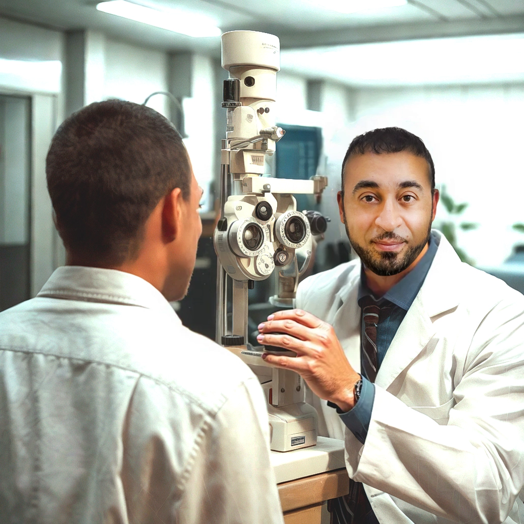 Experienced male eye doctor presenting visual acuity chart in optometry clinic